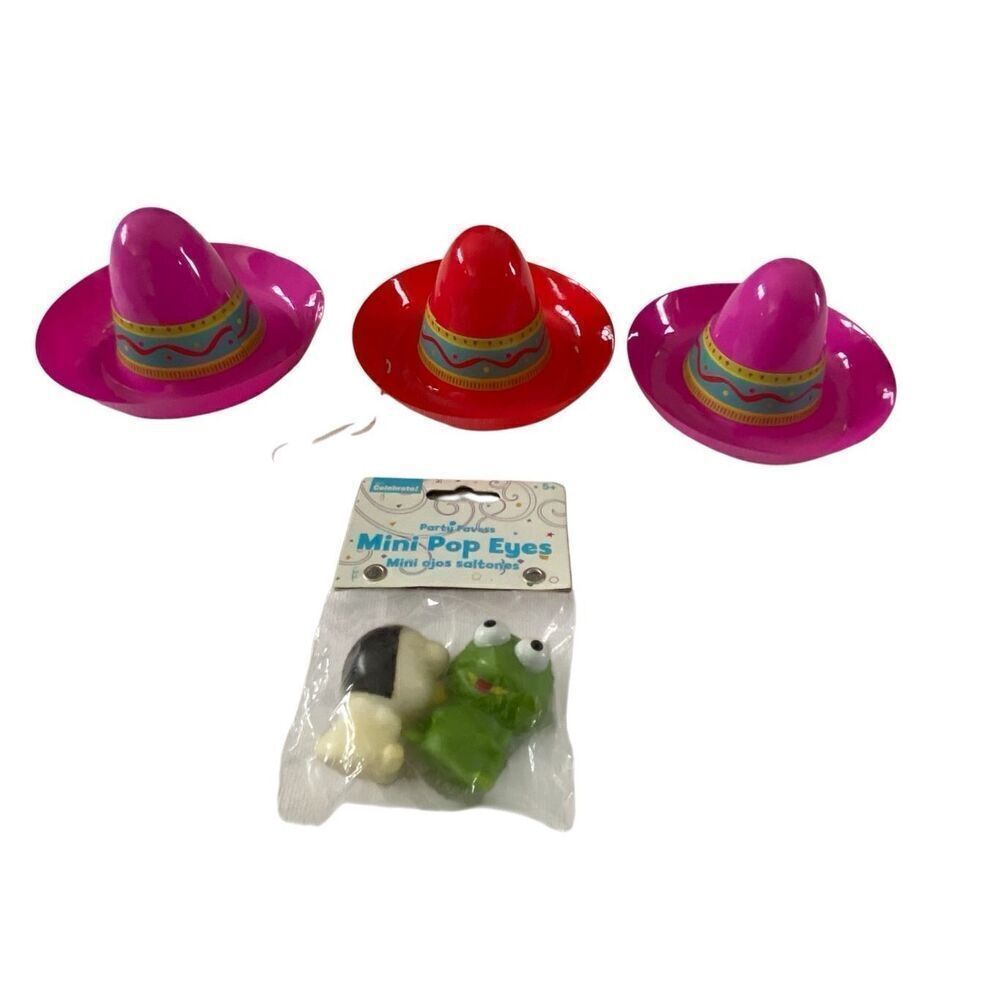 Lot Of 3 Mini Plastic Sombrero Hats Cinco De Mayo Mini Pop Eyes Figures Toys